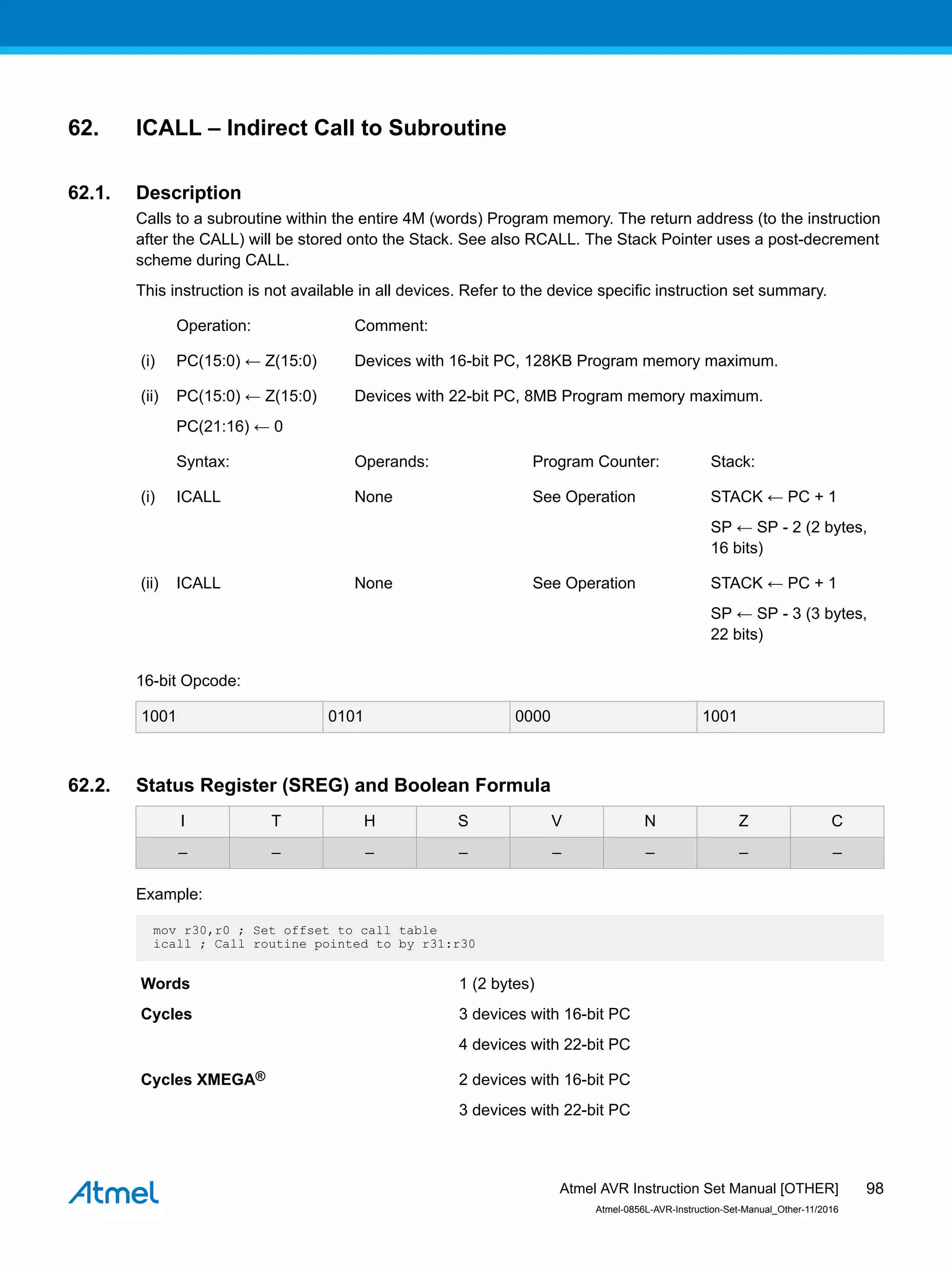 62. ICALL – Indirect Call to Subroutine
62.1. Description
Calls to a subroutine within the entire 4M (words) Program memory. The return address (to the instruction
after the CALL) will be stored onto the Stack. See also RCALL. The Stack Pointer uses a post-decrement
scheme during CALL.
This instruction is not available in all devices. Refer to the device specific instruction set summary.
Operation: Comment:
(i) PC(15:0) ← Z(15:0) Devices with 16-bit PC, 128KB Program memory maximum.
(ii) PC(15:0) ← Z(15:0)
PC(21:16) ← 0
Devices with 22-bit PC, 8MB Program memory maximum.
Syntax: Operands: Program Counter: Stack:
(i) ICALL None See Operation STACK ← PC + 1
SP ← SP - 2 (2 bytes,
16 bits)
(ii) ICALL None See Operation STACK ← PC + 1
SP ← SP - 3 (3 bytes,
22 bits)
16-bit Opcode:
1001 0101 0000 1001
62.2. Status Register (SREG) and Boolean Formula
I T H S V N Z C
– – – – – – – –
Example:
mov r30,r0 ; Set offset to call table
icall ; Call routine pointed to by r31:r30
Words 1 (2 bytes)
Cycles 3 devices with 16-bit PC
4 devices with 22-bit PC
Cycles XMEGA® 2 devices with 16-bit PC
3 devices with 22-bit PC
Atmel AVR Instruction Set Manual [OTHER]
Atmel-0856L-AVR-Instruction-Set-Manual_Other-11/2016
98
 