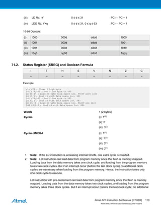 (iii) LD Rd, -Y 0 ≤ d ≤ 31 PC ← PC + 1
(iv) LDD Rd, Y+q 0 ≤ d ≤ 31, 0 ≤ q ≤ 63 PC ← PC + 1
16-bit Opcode:
(i) 1000 000d dddd 1000
(ii) 1001 000d dddd 1001
(iii) 1001 000d dddd 1010
(iv) 10q0 qq0d dddd 1qqq
71.2. Status Register (SREG) and Boolean Formula
I T H S V N Z C
– – – – – – – –
Example:
clr r29 ; Clear Y high byte
ldi r28,$60 ; Set Y low byte to $60
ld r0,Y+ ; Load r0 with data space loc. $60(Y post inc)
ld r1,Y ; Load r1 with data space loc. $61
ldi r28,$63 ; Set Y low byte to $63
ld r2,Y ; Load r2 with data space loc. $63
ld r3,-Y ; Load r3 with data space loc. $62(Y pre dec)
ldd r4,Y+2 ; Load r4 with data space loc. $64
Words 1 (2 bytes)
Cycles (i): 1(2)
(ii): 2
(iii): 3(2)
Cycles XMEGA (i): 1(1)
(ii): 1(1)
(iii): 2(1)
(iv): 2(1)
1. Note: If the LD instruction is accessing internal SRAM, one extra cycle is inserted.
2. Note: LD instruction can load data from program memory since the flash is memory mapped.
Loading data from the data memory takes one clock cycle, and loading from the program memory
takes two clock cycles. But if an interrupt occur (before the last clock cycle) no additional clock
cycles are necessary when loading from the program memory. Hence, the instruction takes only
one clock cycle to execute.
LD instruction with pre-decrement can load data from program memory since the flash is memory
mapped. Loading data from the data memory takes two clock cycles, and loading from the program
memory takes three clock cycles. But if an interrupt occur (before the last clock cycle) no additional
Atmel AVR Instruction Set Manual [OTHER]
Atmel-0856L-AVR-Instruction-Set-Manual_Other-11/2016
110
 