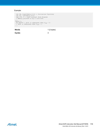 Example:
ldi ZH, high(Table_1<<1) ; Initialize Z-pointer
ldi ZL, low(Table_1<<1)
lpm r16, Z ; Load constant from Program
; Memory pointed to by Z (r31:r30)
...
Table_1:
.dw 0x5876 ; 0x76 is addresses when ZLSB = 0
; 0x58 is addresses when ZLSB = 1
...
Words 1 (2 bytes)
Cycles 3
Atmel AVR Instruction Set Manual [OTHER]
Atmel-0856L-AVR-Instruction-Set-Manual_Other-11/2016
119
 