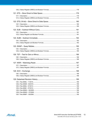 120.2. Status Register (SREG) and Boolean Formula........................................................................178
121. STS – Store Direct to Data Space.......................................................................179
121.1. Description............................................................................................................................... 179
121.2. Status Register (SREG) and Boolean Formula........................................................................179
122. STS (16-bit) – Store Direct to Data Space.......................................................... 180
122.1. Description............................................................................................................................... 180
122.2. Status Register (SREG) and Boolean Formula........................................................................180
123. SUB – Subtract Without Carry.............................................................................181
123.1. Description............................................................................................................................... 181
123.2. Status Register and Boolean Formula..................................................................................... 181
124. SUBI – Subtract Immediate.................................................................................183
124.1. Description............................................................................................................................... 183
124.2. Status Register and Boolean Formula..................................................................................... 183
125. SWAP – Swap Nibbles........................................................................................ 185
125.1. Description............................................................................................................................... 185
125.2. Status Register (SREG) and Boolean Formula........................................................................185
126. TST – Test for Zero or Minus...............................................................................186
126.1. Description............................................................................................................................... 186
126.2. Status Register (SREG) and Boolean Formula........................................................................186
127. WDR – Watchdog Reset......................................................................................187
127.1. Description............................................................................................................................... 187
127.2. Status Register (SREG) and Boolean Formula........................................................................187
128. XCH – Exchange.................................................................................................188
128.1. Description............................................................................................................................... 188
128.2. Status Register (SREG) and Boolean Formula........................................................................188
129. Datasheet Revision History................................................................................. 189
129.1. Rev.0856L - 11/2016................................................................................................................ 189
129.2. Rev.0856K - 04/2016................................................................................................................189
129.3. Rev.0856J - 07/2014................................................................................................................ 189
129.4. Rev.0856I – 07/2010................................................................................................................189
129.5. Rev.0856H – 04/2009...............................................................................................................189
129.6. Rev.0856G – 07/2008.............................................................................................................. 190
129.7. Rev.0856F – 05/2008...............................................................................................................190
Atmel AVR Instruction Set Manual [OTHER]
Atmel-0856L-AVR-Instruction-Set-Manual_Other-11/2016
12
 