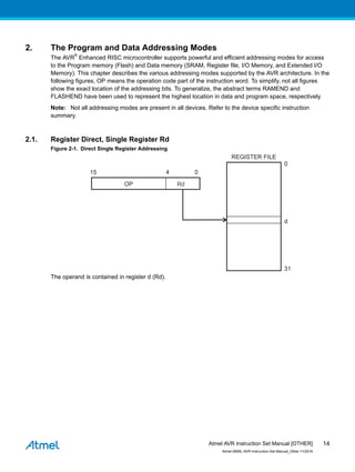 2. The Program and Data Addressing Modes
The AVR
®
Enhanced RISC microcontroller supports powerful and efficient addressing modes for access
to the Program memory (Flash) and Data memory (SRAM, Register file, I/O Memory, and Extended I/O
Memory). This chapter describes the various addressing modes supported by the AVR architecture. In the
following figures, OP means the operation code part of the instruction word. To simplify, not all figures
show the exact location of the addressing bits. To generalize, the abstract terms RAMEND and
FLASHEND have been used to represent the highest location in data and program space, respectively.
Note: Not all addressing modes are present in all devices. Refer to the device specific instruction
summary.
2.1. Register Direct, Single Register Rd
Figure 2-1. Direct Single Register Addressing
The operand is contained in register d (Rd).
Atmel AVR Instruction Set Manual [OTHER]
Atmel-0856L-AVR-Instruction-Set-Manual_Other-11/2016
14
 