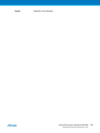 Cycles Depends on the operation
Atmel AVR Instruction Set Manual [OTHER]
Atmel-0856L-AVR-Instruction-Set-Manual_Other-11/2016
172
 