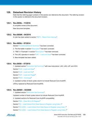 129. Datasheet Revision History
Note that the referring page numbers in this section are referred to this document. The referring revision
in this section is referred to the document revision.
129.1. Rev.0856L - 11/2016
A complete review of the document.
New document template.
129.2. Rev.0856K - 04/2016
A note has been added to section “RETI – Return from Interrupt”.
129.3. Rev.0856J - 07/2014
Section “Conditional Branch Summary” has been corrected.
2. The first table in section “Description" has been corrected.
3. “TBD” in “Example” in section "Description”" has been removed.
4. The LAC operation in section "LAC – Load and Clear" has been corrected.
5. New template has been added.
129.4. Rev.0856I – 07/2010
1. Updated section "Instruction Set Summary" with new instructions: LAC, LAS, LAT, and XCH.
Section "LAC - Load and Clear"
Section "LAS – Load and Set"
Section "LAT – Load and Toggle"
Section "XCH – Exchange"
2. Updated number of clock cycles column to include Reduced Core tinyAVR.
(ATtiny replaced by Reduced Core tinyAVR).
129.5. Rev.0856H – 04/2009
1. Updated section "Instruction Set Summary":
Updated number of clock cycles column to include Reduced Core tinyAVR.
2. Updated sections for Reduced Core tinyAVR compatibility:
Section "CBI – Clear Bit in I/O Register"
Section "LD – Load Indirect from Data Space to Register using Index X"
Section "LD (LDD) – Load Indirect from Data Space to Register using Index Y"
Section "LD (LDD) – Load Indirect From Data Space to Register using Index Z"
Atmel AVR Instruction Set Manual [OTHER]
Atmel-0856L-AVR-Instruction-Set-Manual_Other-11/2016
189
 