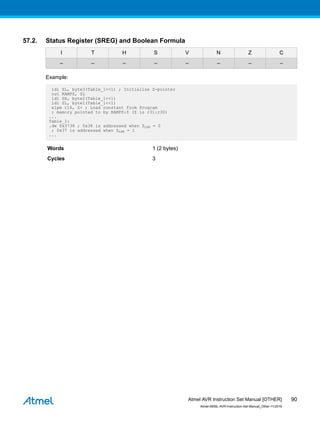 57.2. Status Register (SREG) and Boolean Formula
I T H S V N Z C
– – – – – – – –
Example:
ldi ZL, byte3(Table_1<<1) ; Initialize Z-pointer
out RAMPZ, ZL
ldi ZH, byte2(Table_1<<1)
ldi ZL, byte1(Table_1<<1)
elpm r16, Z+ ; Load constant from Program
; memory pointed to by RAMPZ:Z (Z is r31:r30)
...
Table_1:
.dw 0x3738 ; 0x38 is addressed when ZLSB = 0
; 0x37 is addressed when ZLSB = 1
...
Words 1 (2 bytes)
Cycles 3
Atmel AVR Instruction Set Manual [OTHER]
Atmel-0856L-AVR-Instruction-Set-Manual_Other-11/2016
90
 