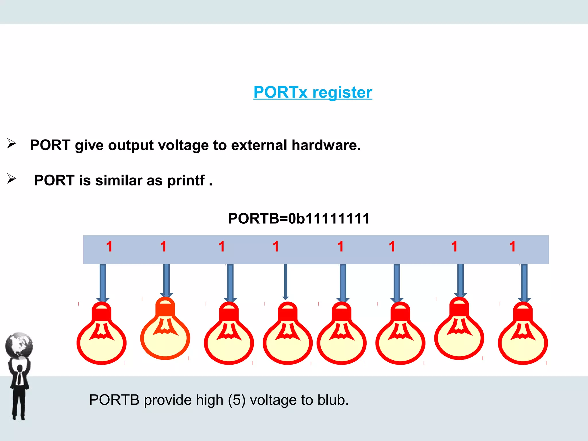 PORTx register
 PORT give output voltage to external hardware.
 PORT is similar as printf .
PORTB=0b11111111
1 1 1 1 1 1 1 1
PORTB provide high (5) voltage to blub.
 