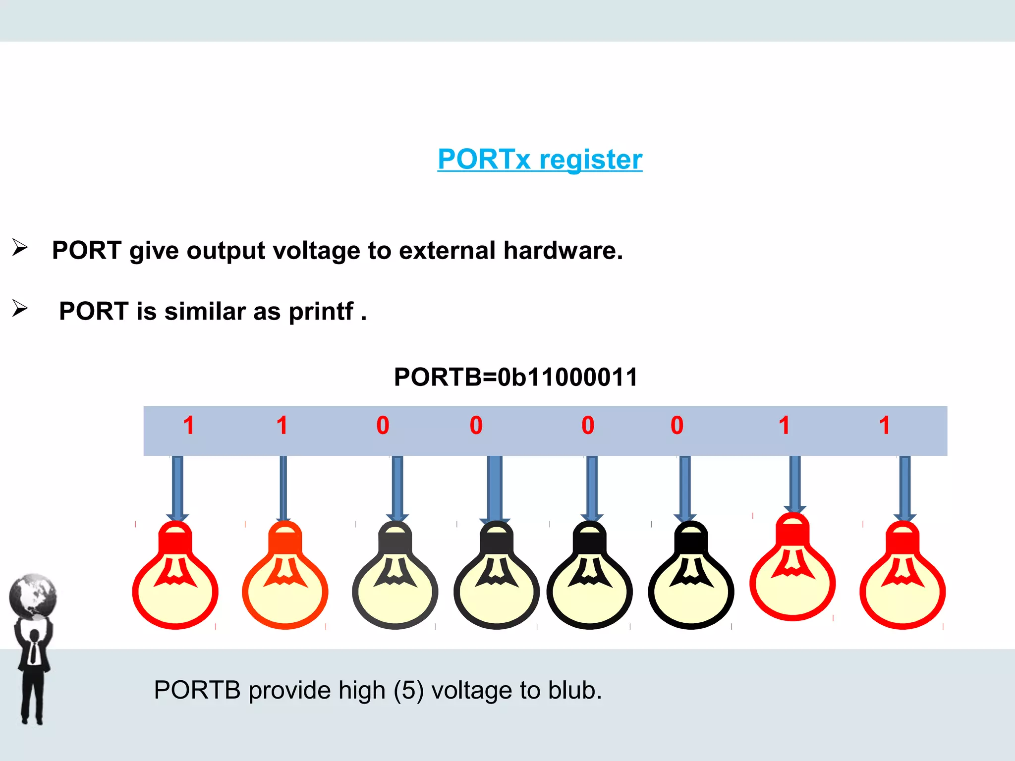 PORTx register
 PORT give output voltage to external hardware.
 PORT is similar as printf .
PORTB=0b11000011
1 1 0 0 0 0 1 1
PORTB provide high (5) voltage to blub.
 