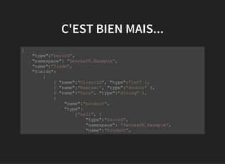C'EST BIEN MAIS...
           
{
    "type":"record",
    "namespace": "DevoxxFR.Example",
    "name":"Trade",
    "fields":
        [
            { "name":"ClientId", "type":"int" },
            { "name":"Nominal", "type":"double" },
            { "name":"Date", "type":"string" },                              
            {
                "name":"product",    
                "type":
                    ["null", {
                        "type":"record",
                        "namespace": "DevoxxFR.Example",
                        "name":"Product",
            "default":null,
         
 