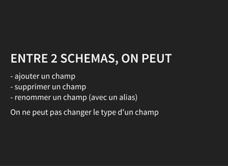 ENTRE 2 SCHEMAS, ON PEUT
- ajouter un champ
- supprimer un champ
- renommer un champ (avec un alias)
On ne peut pas changer le type d'un champ
 