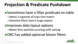 33 © Hortonworks Inc. 2011 – 2016. All Rights Reserved
Projection & Predicate Pushdown
Sometimes have a filter predicate on table
–Select a superset of rows that match
–Selective filters have a huge impact
Improves data layout options
–Better than partition pruning with sorting
ORC has added optional bloom filters
 
