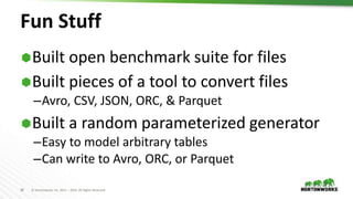 38 © Hortonworks Inc. 2011 – 2016. All Rights Reserved
Fun Stuff
Built open benchmark suite for files
Built pieces of a tool to convert files
–Avro, CSV, JSON, ORC, & Parquet
Built a random parameterized generator
–Easy to model arbitrary tables
–Can write to Avro, ORC, or Parquet
 