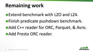 39 © Hortonworks Inc. 2011 – 2016. All Rights Reserved
Remaining work
Extend benchmark with LZO and LZ4.
Finish predicate pushdown benchmark.
Add C++ reader for ORC, Parquet, & Avro.
Add Presto ORC reader.
 