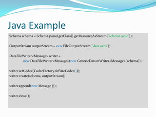 Java Example
Schema schema = Schema.parse(getClass().getResourceAsStream("schema.avpr"));

OutputStream outputStream = new FileOutputStream("data.avro");

DataFileWriter<Message> writer =
        new DataFileWriter<Message>(new GenericDatumWriter<Message>(schema));

writer.setCodec(CodecFactory.deflateCodec(1));
writer.create(schema, outputStream);

writer.append(new Message ());

writer.close();
 