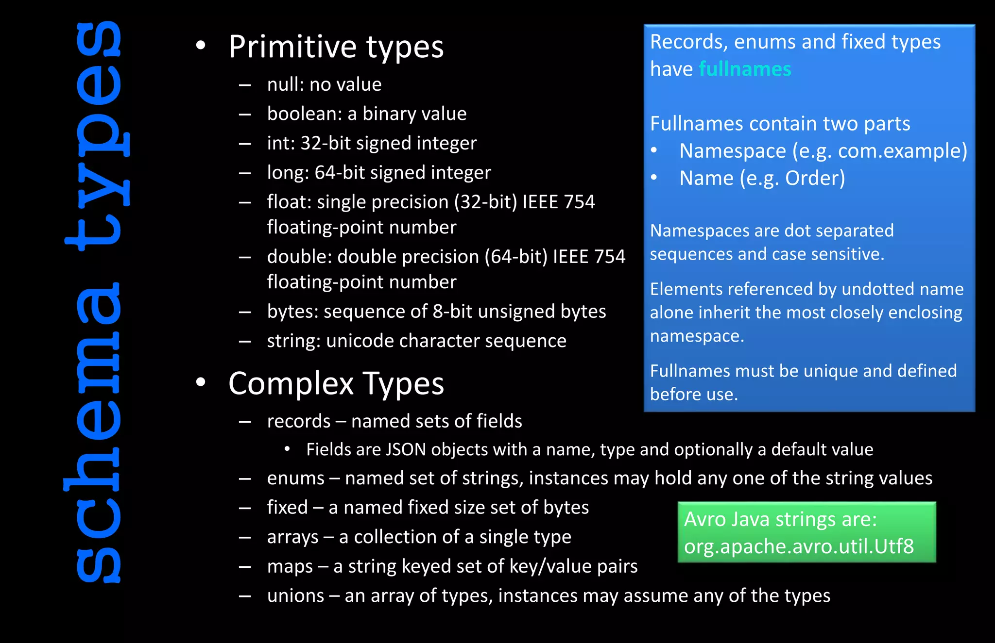 • Primitive types
– null: no value
– boolean: a binary value
– int: 32-bit signed integer
– long: 64-bit signed integer
– float: single precision (32-bit) IEEE 754
floating-point number
– double: double precision (64-bit) IEEE 754
floating-point number
– bytes: sequence of 8-bit unsigned bytes
– string: unicode character sequence
• Complex Types
– records – named sets of fields
• Fields are JSON objects with a name, type and optionally a default value
– enums – named set of strings, instances may hold any one of the string values
– fixed – a named fixed size set of bytes
– arrays – a collection of a single type
– maps – a string keyed set of key/value pairs
– unions – an array of types, instances may assume any of the types
schematypes
Records, enums and fixed types
have fullnames
Fullnames contain two parts
• Namespace (e.g. com.example)
• Name (e.g. Order)
Namespaces are dot separated
sequences and case sensitive.
Elements referenced by undotted name
alone inherit the most closely enclosing
namespace.
Fullnames must be unique and defined
before use.
Avro Java strings are:
org.apache.avro.util.Utf8
 