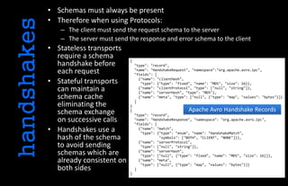 • Schemas must always be present
• Therefore when using Protocols:
– The client must send the request schema to the server
– The server must send the response and error schema to the client
• Stateless transports
require a schema
handshake before
each request
• Stateful transports
can maintain a
schema cache
eliminating the
schema exchange
on successive calls
• Handshakes use a
hash of the schema
to avoid sending
schemas which are
already consistent on
both sides
handshakes
{
"type": "record",
"name": "HandshakeRequest", "namespace":"org.apache.avro.ipc",
"fields": [
{"name": "clientHash",
"type": {"type": "fixed", "name": "MD5", "size": 16}},
{"name": "clientProtocol", "type": ["null", "string"]},
{"name": "serverHash", "type": "MD5"},
{"name": "meta", "type": ["null", {"type": "map", "values": "bytes"}]}
]
}
{
"type": "record",
"name": "HandshakeResponse", "namespace": "org.apache.avro.ipc",
"fields": [
{"name": "match",
"type": {"type": "enum", "name": "HandshakeMatch",
"symbols": ["BOTH", "CLIENT", "NONE"]}},
{"name": "serverProtocol",
"type": ["null", "string"]},
{"name": "serverHash",
"type": ["null", {"type": "fixed", "name": "MD5", "size": 16}]},
{"name": "meta",
"type": ["null", {"type": "map", "values": "bytes"}]}
]
}
Apache Avro Handshake Records
 