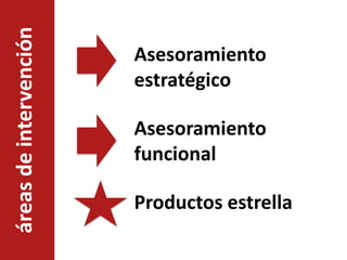 áreas de intervención
                        Asesoramiento
                        estratégico

                        Asesoramiento
                        funcional

                        Productos estrella
 
