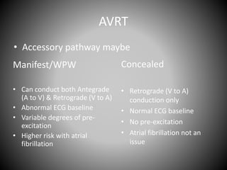 AVRT
• Accessory pathway maybe
Manifest/WPW
• Can conduct both Antegrade
(A to V) & Retrograde (V to A)
• Abnormal ECG baseline
• Variable degrees of pre-
excitation
• Higher risk with atrial
fibrillation
Concealed
• Retrograde (V to A)
conduction only
• Normal ECG baseline
• No pre-excitation
• Atrial fibrillation not an
issue
 