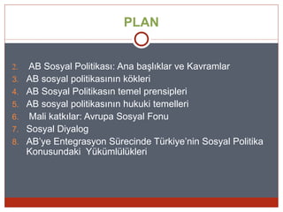 PLAN


2.   AB Sosyal Politikası: Ana başlıklar ve Kavramlar
3.   AB sosyal politikasının kökleri
4.   AB Sosyal Politikasın temel prensipleri
5.   AB sosyal politikasının hukuki temelleri
6.   Mali katkılar: Avrupa Sosyal Fonu
7.   Sosyal Diyalog
8.   AB’ye Entegrasyon Sürecinde Türkiye’nin Sosyal Politika
     Konusundaki Yükümlülükleri
 