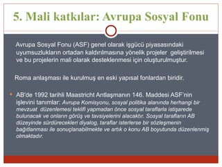 5. Mali katkılar: Avrupa Sosyal Fonu

  Avrupa Sosyal Fonu (ASF) genel olarak işgücü piyasasındaki
  uyumsuzlukların ortadan kaldırılmasına yönelik projeler geliştirilmesi
  ve bu projelerin mali olarak desteklenmesi için oluşturulmuştur.

 Roma anlaşması ile kurulmuş en eski yapısal fonlardan biridir.

 AB'de 1992 tarihli Maastricht Antlaşmanın 146. Maddesi ASF’nin
  işlevini tanımlar: Avrupa Komisyonu, sosyal politika alanında herhangi bir
  mevzuat düzenlemesi teklifi yapmadan önce sosyal taraflarla istişarede
  bulunacak ve onların görüş ve tavsiyelerini alacaktır. Sosyal tarafların AB
  düzeyinde sürdürecekleri diyalog, taraflar isterlerse bir sözleşmenin
  bağıtlanması ile sonuçlanabilmekte ve artık o konu AB boyutunda düzenlenmiş
  olmaktadır.
 