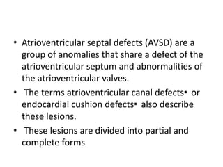 • Atrioventricular septal defects (AVSD) are a
  group of anomalies that share a defect of the
  atrioventricular septum and abnormalities of
  the atrioventricular valves.
• The terms atrioventricular canal defects• or
  endocardial cushion defects• also describe
  these lesions.
• These lesions are divided into partial and
  complete forms
 