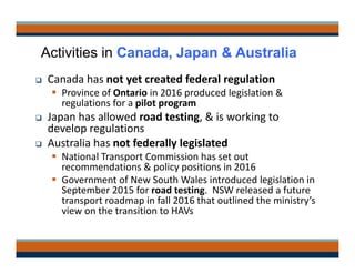 Activities in Canada, Japan & Australia
 Canada has not yet created federal regulation
 Province of Ontario in 2016 produced legislation & 
regulations for a pilot program
 Japan has allowed road testing, & is working to 
develop regulations
 Australia has not federally legislated
 National Transport Commission has set out 
recommendations & policy positions in 2016
 Government of New South Wales introduced legislation in 
September 2015 for road testing.  NSW released a future 
transport roadmap in fall 2016 that outlined the ministry’s 
view on the transition to HAVs
 