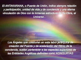 El ANTAKARANA, o Puente de Unión, indica siempre relación y participación, unidad de vida y de conciencia y una eterna vinculación de Dios con la inmensa estructura de Su Obra, el Universo .Los Ángeles que colaboran en esta labor jerárquica de creación del Puente y de aceleración del Ritmo de la conciencia, suelen pertenecer a las especies superiores de las Entidades Angélicas definidas como AGNISURYAS