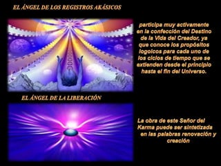 EL ÁNGEL DE LOS REGISTROS AKÁSICOS participa muy activamente en la confección del Destino de la Vida del Creador, ya que conoce los propósitos logoicos para cada uno de los ciclos de tiempo que se extienden desde el principio hasta el fin del Universo. EL ÁNGEL DE LA LIBERACIÓN La obra de este Señor del Karma puede ser sintetizada en las palabras renovación y creación 