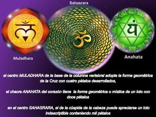SahasraraAnahataMuladharael centro MULADHARA de la base de la columna vertebral adopte la forma geométrica de la Cruz con cuatro pétalos desarrollados,el chacra ANAHATA del corazón tiene  la forma geométrica o mística de un loto con doce pétalosen el centro SAHASRARA, el de la cúspide de la cabeza puede apreciarse un loto indescriptible conteniendo mil pétalos