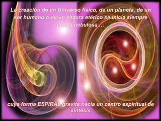 La creación de un Universo físico, de un planeta, de un ser humano o de un chacra etérico se inicia siempre con la nebulosa …cuya forma ESPIRAL gravita hacia un centro espiritual de síntesis