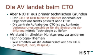  Aber NICHT aus primär technischen Gründen
◦ Der CTO ist DER business enabler innerhalb der
Organisation! Nichts passiert ohne CTO!
◦ Die zentrale Aufgabe des CTO ist es, konkrete
Verbesserungsvorschläge für die Steigerung der
Effizienz mittels Technologie zu liefern!
 AV steht in direkter Konkurrenz zu anderen
Technologie-Themen
◦ Wie erhalten wir die Aufmerksamkeit des CTO?
(= Budget, Zeit, Respekt)
 