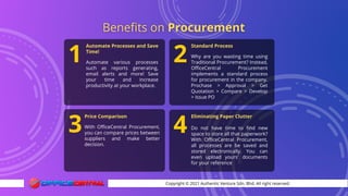 Copyright © 2021 Authentic Venture Sdn. Bhd. All right reserved.
Standard Process
Why are you wasting time using
Traditional Procurement? Instead,
OfficeCentral Procurement
implements a standard process
for procurement in the company.
Prochase > Approval > Get
Quotation > Compare > Develop
> Issue PO
2
Automate Processes and Save
Time!
Automate various processes
such as reports generating,
email alerts and more! Save
your time and increase
productivity at your workplace.
1
Price Comparison
With OfficeCentral Procurement,
you can compare prices between
suppliers and make better
decision.
3
Eliminating Paper Clutter
Do not have time to find new
space to store all that paperwork?
With OfficeCentral Procurement,
all processes are be saved and
stored electronically. You can
even upload yours' documents
for your reference
4
 