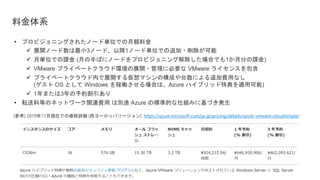 料金体系
• プロビジョニングされたノード単位での月額料金
 展開ノード数は最小3ノード、以降1ノード単位での追加・削除が可能
 月単位での課金 (月の半ばにノードをプロビジョニング解除した場合でも1か月分の課金)
 VMware プライベートクラウド環境の展開・管理に必要な VMware ライセンスを包含
 プライベートクラウド内で展開する仮想マシンの構成や台数による追加費用なし
(ゲスト OS として Windows を稼働させる場合は、Azure ハイブリッド特典を適用可能)
 1年または3年の予約割引あり
• 転送料等のネットワーク関連費用 は別途 Azure の標準的な仕組みに基づき発生
[参考] 2019年11月現在での価格詳細 (西ヨーロッパリージョン): https://azure.microsoft.com/ja-jp/pricing/details/azure-vmware-cloudsimple/
 