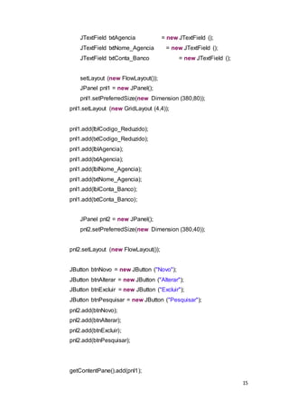 15
JTextField txtAgencia = new JTextField ();
JTextField txtNome_Agencia = new JTextField ();
JTextField txtConta_Banco = new JTextField ();
setLayout (new FlowLayout());
JPanel pnl1 = new JPanel();
pnl1.setPreferredSize(new Dimension (380,80));
pnl1.setLayout (new GridLayout (4,4));
pnl1.add(lblCodigo_Reduzido);
pnl1.add(txtCodigo_Reduzido);
pnl1.add(lblAgencia);
pnl1.add(txtAgencia);
pnl1.add(lblNome_Agencia);
pnl1.add(txtNome_Agencia);
pnl1.add(lblConta_Banco);
pnl1.add(txtConta_Banco);
JPanel pnl2 = new JPanel();
pnl2.setPreferredSize(new Dimension (380,40));
pnl2.setLayout (new FlowLayout());
JButton btnNovo = new JButton ("Novo");
JButton btnAlterar = new JButton ("Alterar");
JButton btnExcluir = new JButton ("Excluir");
JButton btnPesquisar = new JButton ("Pesquisar");
pnl2.add(btnNovo);
pnl2.add(btnAlterar);
pnl2.add(btnExcluir);
pnl2.add(btnPesquisar);
getContentPane().add(pnl1);
 