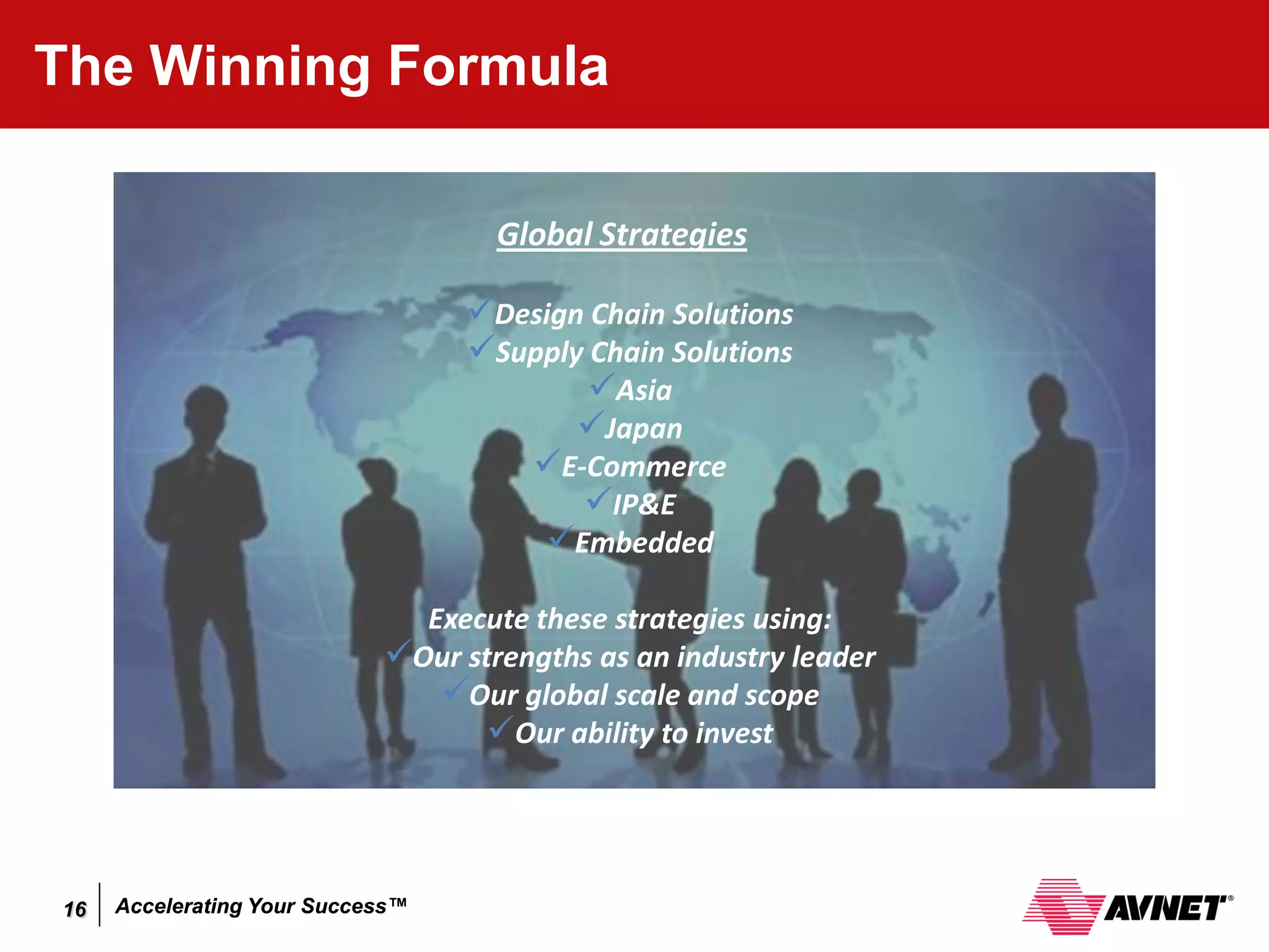 The Winning Formula

                                    Global Strategies

                                  Design Chain Solutions
                                  Supply Chain Solutions
                                          Asia
                                         Japan
                                     E-Commerce
                                         IP&E
                                      Embedded

                              Execute these strategies using:
                            Our strengths as an industry leader
                               Our global scale and scope
                                  Our ability to invest



16   Accelerating Your Success™
 