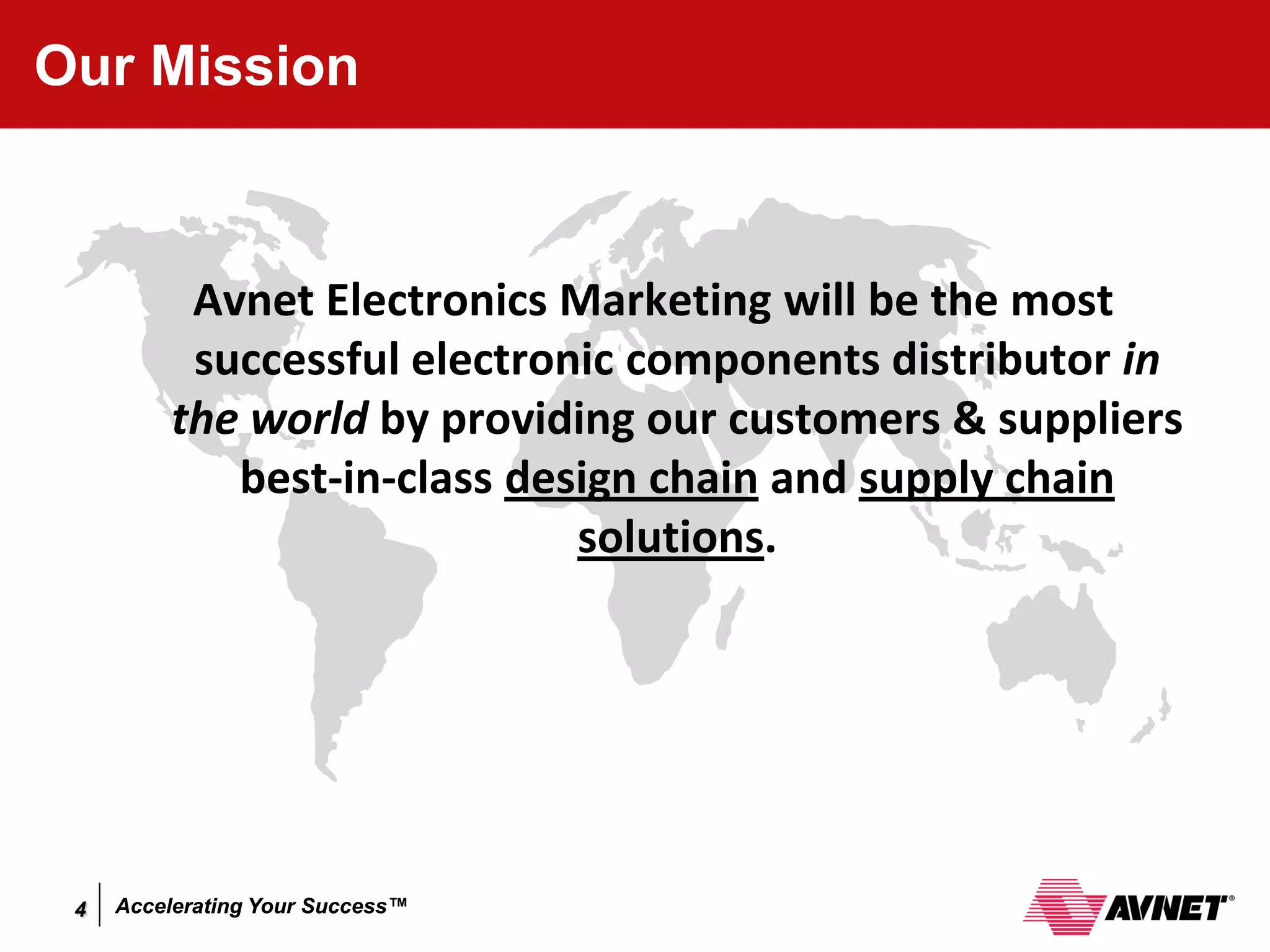Our Mission



          Avnet Electronics Marketing will be the most
          successful electronic components distributor in
         the world by providing our customers & suppliers
            best-in-class design chain and supply chain
                             solutions.




 4   Accelerating Your Success™
 