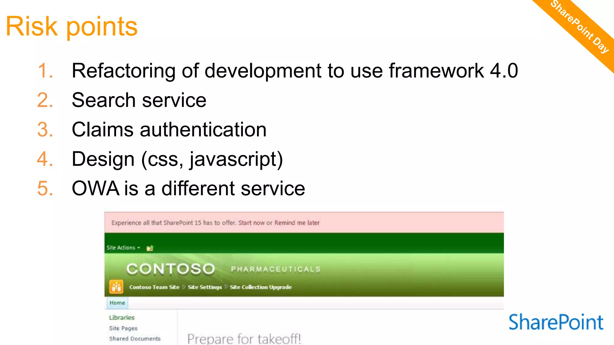 Risk points
1. Refactoring of development to use framework 4.0
2. Search service
3. Claims authentication
4. Design (css, javascript)
5. OWA is a different service
 