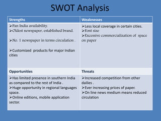 SWOT Analysis
Strengths Weaknesses
Pan India availability.
Oldest newspaper, established brand.
No. 1 newspaper in term...