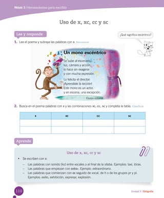 110
Módulo 3 / Herramientas para escribir
Unidad 3 / Ortografía
Uso de x, xc, cc y sc
x xc cc sc
Aprende
Uso de x, xc, cc y sc
•	 Se escriben con x:
–	 Las palabras con sonido [ks] entre vocales o al final de la sílaba. Ejemplos: taxi, tórax.
–	 Las palabras que empiezan con extra-. Ejemplo: extraordinario.
–	 Las palabras que comienzan con ex seguido de vocal, de h o de los grupos pr y pl.
Ejemplos: exilio, exhibición, expresar, explosión.
¿Qué significa excéntrico?Lee y responde
1.	 Lee el poema y subraya las palabras con x. Reconocer
2.	 Busca en el poema palabras con x y las combinaciones xc, cc, sc y completa la tabla. Clasificar
Un mono excéntrico
Se sube al escenario,
luz, cámara y acción,
lo hace sin exagerar
y con mucha expresión.
Lo felicita el director:
¡Aprendiste la lección!
Este mono es un actor,
y en escena, una excepción.
Equipo editorial
 