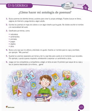 121
Unidad 3
En la biblioteca
¿Cómo hacer mi antología de poemas?
1. Busca poemas de distintos temas y autores para crear tu propia antología. Puedes buscar en libros,
páginas de Internet o preguntando a algún adulto.
2. Escribe los poemas en hojas de colores o con algún diseño que te guste. No olvides escribir el nombre
y la nacionalidad del autor.
3. Clasifícalos por temas, como:
• naturaleza
• sentimientos
• animales
• juegos
• objetos
• otros
4. Busca una caja que no utilices y decórala a tu gusto. Inventa un nombre para tu caja y escríbelo,
por ejemplo: “Mis poemas”.
5. Guarda tus poemas separados por temas y ten tu caja lista para usarla en el momento que necesites.
Por ejemplo, cuando quieras inspirarte, entretenerte o expresar un sentimiento a otros.
6. Juega con tus compañeras y compañeros a elegir un tema al azar. El primero que saque de su caja y
lea un poema relacionado con el tema… ¡gana!
Mis poemas
 