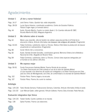 Unidad 1	 ¡A leer y narrar historias!
Págs. 14-17	 Jordi Sierra i Fabra. Querido hijo: estás despedido.
Págs. 28-29	 Lucas Sierra Iribarren, coordinador académico, Centro de Estudios Públicos. 				
	 Fábula El tigre negro y el venado blanco.
Pág. 44	 Audio. Ricardo Mariño. Cuento La misión Apalo 1. En Cuentos ridículos © 1987, 			
	 Ricardo Mariño © 2010, Alfaguara Argentina.
Unidad 2	 Me informo sobre el mundo
Pág. 62	 María Luisa Jaramillo. Jefa de Gestión de calidad, www.educarchile.cl el Portal de la 			
	 educación chilena. Artículo informativo Los bosques más antiguos del planeta. (Fragmento)
Págs. 64-65	 Felipe Contreras, subdirector, diario La Tercera. Noticia Chile lidera la producción de basura 	
	 anualmente en Latinoamérica. (Fragmento)
Pág. 80	 Conaf. Afiche Ven a conocernos.
Pág. 82	 Audio. Daniela Schütte González, coordinadora general, Memoria Chilena de la Biblioteca 		
	 Nacional de Chile. Biografía de Nicanor Parra.
Pág. 84	 Felipe Contreras, subdirector, diario La Tercera. Conoce otras especies extinguidas por 		
	 el hombre en los últimos 100 años.
Unidad 3	 Me expreso mejor
Págs. 90-91	 Fondo Franciscano Gabriela Mistral. Poema Ronda de los aromas.
	 “La Orden Franciscana de Chile autoriza el uso de la obra de Gabriela Mistral.
	 Lo que equivale a los derechos de autoría son entregados a la Orden Franciscana de Chile, 		
	 para los niños de Montegrande y de Chile, de conformidad a la voluntad de Gabriela Mistral”.
Pág. 102	 Floridor Pérez. Poema Llegas a la escuela.
Pág. 107	 Floridor Pérez. Poema Va a venir la mañana.
Antología
Págs. 129-130	 Texto Revista Semana. Publicaciones Semana, Colombia. Artículo informativo Arriba el verde.
Págs. 131-132	 Juan Manuel Galán, editor general, Pehuén Editores. Poema Oda al tomate, Pablo Neruda.
Evaluación integradora tipo Simce
Págs. 134-135	 Fabián Sevilla. Cuento Ladridos en la maceta.
Págs. 138	 Sylvia Puentes. Poema Las estaciones.
Agradecimientos
140
 
