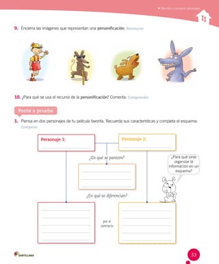 por el
contrario
Ponte a prueba
Describir y comparar personajes
9.	 Encierra las imágenes que representan una personificación. Reconocer
1.	 Piensa en dos personajes de tu película favorita. Recuerda sus características y completa el esquema.
Comparar
10.	¿Para qué se usa el recurso de la personificación? Comenta. Comprender
¿Para qué sirve
organizar la
información en un
esquema?
Personaje 1: Personaje 2:
¿En qué se parecen?
¿En qué se diferencian?
33
 