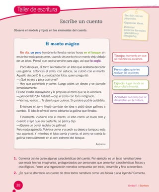 Taller de escritura
Escribe un cuento
Escribir con un
propósito.
Organizar ideas.
Dominar
aspectos formales
(gramática y
ortografía).
Unidad 1 / Escritura
Tiempo: momento en que
se realizan las acciones.
Acciones: sucesos que se
desarrollan en la historia.
1.	 Comenta con tu curso algunas características del cuento. Por ejemplo: es un texto narrativo breve
que relata hechos imaginarios, protagonizados por personajes que presentan características físicas y
psicológicas. Posee una organización narrativa compuesta por inicio, desarrollo y final o desenlace.  
2.	 ¿En qué se diferencia un cuento de otros textos narrativos como una fábula o una leyenda? Comenta.
Espacio: lugar donde se
desarrolla la historia.
Personajes: quienes
realizan las acciones.
Observa el modelo y fíjate en los elementos del cuento.
El manto mágico
Un día, un zorro hambriento llevaba varias horas en el bosque sin
encontrar nada para comer, cuando de pronto vio un manto viejo debajo
de un árbol. Pensó que podría servirle para algo, así que lo cogió.
Poco después, el zorro se cruzó con un lobo que acababa de cazar
una gallina. Entonces el zorro, con astucia, se cubrió con el manto.
Aquello despertó la curiosidad del lobo, quien preguntó:
—¿Qué es eso y para qué sirve?
—Hay que ponérselo y correr. Luego pides un deseo y se cumple
inmediatamente.
El lobo estaba maravillado y le propuso al zorro que se lo vendiera.
—¿Vendértelo? ¡Ni hablar! —dijo el zorro con tono indignado.
—Vamos, vamos… Te daré lo que quieras. Si quisiera podría quitártelo.
Entonces el zorro fingió cambiar de idea y pidió doce gallinas a
cambio. El lobo le ofreció como adelanto la gallina que llevaba.
Finalmente, cubierto con el manto, el lobo corrió un buen rato y
cuando creyó que era bastante, se paró y dijo:
—¡Quiero un corral repleto de gallinas!
Pero nada apareció. Volvió a correr y a pedir su deseo y tampoco esta
vez apareció. Y mientras el lobo corría y corría, el zorro se comía la
gallina tranquilamente en el otro extremo del bosque.
Anónimo
38
 