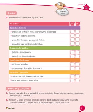 Unidad 1
Evalúa
6. Revisa tu texto completando la siguiente pauta.
Reescribe y comparte
7. Busca el recortable 3 de la página 143 y reescribe tu texto. Corrige todos los aspectos marcados con
un No en la pauta de evaluación.
8. Junto con tu curso, formen un círculo de escritores donde cada uno lea su cuento en voz alta.
Comenten los cuentos y critiquen los aspectos positivos y los que podrían mejorar.
En mi texto… Sí No
Estructura del texto
• organicé los hechos en inicio, desarrollo y final o desenlace.
• declaré un problema o quiebre.
• presenté el tiempo en que ocurre la historia.
• presenté el lugar donde ocurre la historia.
Desarrollo de las ideas
• describí a los personajes.
• expresé mis ideas con claridad.
Propósito y destinatario
• escribí con letra clara.
• se cumple con el propósito de entretener.
Gramática y ortografía
• utilicé conectores para relacionar las ideas.
• incluí puntos seguido, aparte y final.
41
 