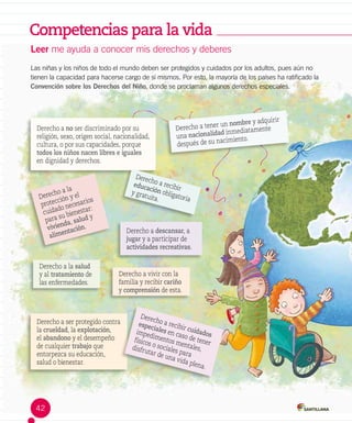 Competencias para la vida
Las niñas y los niños de todo el mundo deben ser protegidos y cuidados por los adultos, pues aún no
tienen la capacidad para hacerse cargo de sí mismos. Por esto, la mayoría de los países ha ratificado la
Convención sobre los Derechos del Niño, donde se proclaman algunos derechos especiales.
Derecho a no ser discriminado por su
religión, sexo, origen social, nacionalidad,
cultura, o por sus capacidades, porque
todos los niños nacen libres e iguales
en dignidad y derechos.
Derecho a tener un nombre y adquirir
una nacionalidad inmediatamente
después de su nacimiento.
Derecho a la
protección y el
cuidado necesarios
para su bienestar:
vivienda, salud y
alimentación.
Derecho a descansar, a
jugar y a participar de
actividades recreativas.
Derecho a recibir
educación obligatoria
y gratuita.
Derecho a la salud
y al tratamiento de
las enfermedades.
Derecho a vivir con la
familia y recibir cariño
y comprensión de esta.
Derecho a ser protegido contra
la crueldad, la explotación,
el abandono y el desempeño
de cualquier trabajo que
entorpezca su educación,
salud o bienestar.
Derecho a recibir cuidados
especiales en caso de tener
impedimentos mentales,
físicos o sociales para
disfrutar de una vida plena.
Leer me ayuda a conocer mis derechos y deberes
42
 