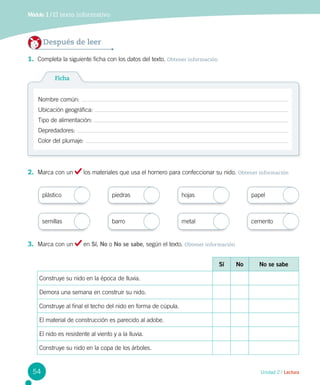 Unidad 2 / Lectura
Módulo 1 / El texto informativo
Después de leer
1.	 Completa la siguiente ficha con los datos del texto. Obtener información
Ficha
Nombre común:
Ubicación geográfica:
Tipo de alimentación:
Depredadores:
Color del plumaje:
2.	 Marca con un los materiales que usa el hornero para confeccionar su nido. Obtener información
3.	 Marca con un en Sí, No o No se sabe, según el texto. Obtener información
Sí No No se sabe
Construye su nido en la época de lluvia.
Demora una semana en construir su nido.
Construye al final el techo del nido en forma de cúpula.
El material de construcción es parecido al adobe.
El nido es resistente al viento y a la lluvia.
Construye su nido en la copa de los árboles.
plástico
semillas
piedras
barro
hojas
metal
papel
cemento
54
 