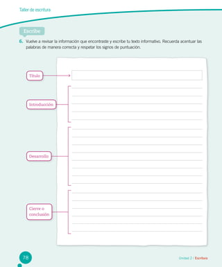 Taller de escritura
Escribe
Título
Unidad 2 / Escritura
6.	 Vuelve a revisar la información que encontraste y escribe tu texto informativo. Recuerda acentuar las
palabras de manera correcta y respetar los signos de puntuación.
Introducción
Desarrollo
Cierre o
conclusión
78
 