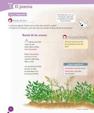 Módulo
1 El poema
90 Unidad 3 / Lectura
Lee y responde
Antes de leer
•	¿Conoces algunas hierbas que se usen para cocinar?, ¿cuáles?
•	A partir de la ilustración, ¿por qué crees que el texto se llama Ronda de los aromas?
Durante la lectura
¿Por qué crees que se dice
que la albahaca viene del
cielo?
desvariador: que hace delirar.
atarantados: apurados,
desordenados.
¿Qué significa?
No olvides leer con una
entonación adecuada
y respetando los signos
de puntuación.
Ronda de los aromas
lbahaca del cielo
malva de olor,
salvia dedos azules,
anís desvariador.
Bailan atarantados
a la luna o al sol,
volando cabezuelas,
talles y color.
	
Las zamarrea el viento,
las abre el calor,
las palmotea el río,
las aviva el tambor.
A
 