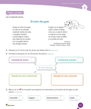 95
Ejemplo de rima consonante: Ejemplo de rima asonante:
Reconocer los elementos de un poema
Ponte a prueba
Lee el siguiente poema.
El señor don gato
1.	 Subraya con el mismo color los versos que riman entre sí. Reconocer
2.	 Completa el esquema con la información del poema. Organizar
3.	 Marca con un los recuadros que expresen los sentimientos y emociones de don gato en este
poema. Interpretar
Estaba el señor don gato
en silla de oro sentado
calzando medias de seda
y zapatitos dorados,
cuando llegó la noticia
que había de ser casado
con una gatita blanca
hija del gato dorado.
El gato con la alegría
subió a bailar al tejado,
mas con un palo le dieron
y rodando se vino abajo,
se rompió cuatro costillas
y la puntita del rabo.
Anónimo.
Antología de poesía infantil.
Santiago: Arrayán Editores, 1999.
Cantidad de versos	 Cantidad de estrofas	
El señor don gato
emoción alegría dudadesconcierto
 