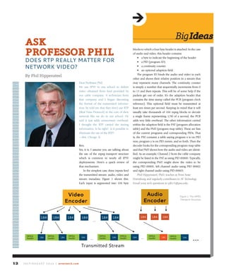 Dear Professor Phil,
We use IPTV in our school to deliver
video obtained from feed provided by
our cable company. A technician from
that company and I began discussing
the format of the transmitted informa-
tion; he told me that they don’t use RTP
(Real Time Protocol) in the core of their
network like we do in our school. He
said it just adds unnecessary overhead.
I thought the RTP carried the timing
information. Is he right? Is it possible to
eliminate the use of the RTP?
—Ben, Chicago, IL
Ben,
Yes, it is. I assume you are talking about
the use of the mpeg transport structure
which is common in nearly all IPTV
deployments. Here’s a quick review of
that mechanism.
In the simplest case, three inputs feed
the transmitted stream: audio, video and
stream metadata. Figure 1 shows this.
Each input is segmented into 184 byte
blocks to which a four byte header is attached. In the case
of audio and video, this header contains
•	 a byte to indicate the beginning of the header
•	 a PID (program ID)
•	 a continuity counter
•	 an optional adaption field
The program ID binds the audio and video to each
other and shows their relative position in a stream that
may represent many channels. The continuity counter
is simply a number that sequentially increments from 0
to 15 and then repeats. This will be of some help if the
packets get out of order. It’s the adaption header that
contains the time stamp called the PCR (program clock
reference). This optional field must be transmitted at
least ten times per second. Keeping in mind that it will
usually take thousands of 184 mpeg blocks to decode
a single frame representing 1/30 of a second, the PCR
adds very little overhead. The other information carried
within the adaption field is the PAT (program allocation
table) and the PMT (program map table). These are lists
of the current programs and corresponding PIDs. That
is, the PAT contains a table saying program x is on PID
nnn, program y is on PID mmm, and so forth. Then the
decoder looks for the corresponding program map table
and that PMT shows how the audio and video are identi-
fied. As an example, Channel 2 from the cable company
might be listed in the PAT as using PID 00800. Typically,
the corresponding PMT might show the video to be
using PID 00801, left channel audio using PID 00802
and right channel audio using PID 00803.
Phil Hippensteel, PhD, teaches at Penn State
Harrisburg and regularly contributes to AV Technology.
Email your tech questions to pjh15@psu.edu.
bigideas
J u ly / A u g u s t 2 0 1 4 | avnetwork.com12
ASk
ProfeSSorPhil
DOES RTP REALLY MATTER FOR
NETWORK VIDEO?
By Phil Hippensteel
Video
Encoder
184 184 184184184 184
…
MPEG
header 184
MPEG
header 184
MPEG
header 184
…
Audio
Encoder
MPEG
header 184
MPEG
header 184
184 184 184
MPEG
header 184 MPEG
header 184
……
Transmitted Stream
Figure 1: The MPEG
Transport Structure
 