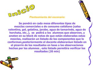 Planteamiento del escenario:
Se pondrá en cada mesa diferentes tipos de
mezclas comerciales o de consumo cotidiano (salsa
valentina, gel, gelatina, jarabe, agua de tamarindo, agua de
horchata, etc..), se pedirá a los alumnos que observen, y
anoten en su block de notas de que están elaboradas estas
mezclas, realizarán un listado de los componentes que lo
conforman,posteriormente el docente elaboraráun listado en
el pizarrín de los resultados en base a las observaciones
hechas por los alumnos , este listado permitira verificar los
resultados (20 min)
 