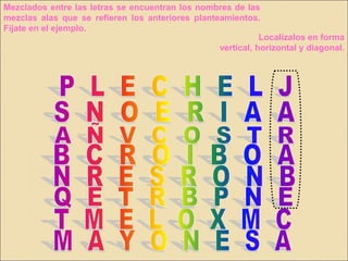 Localízalos en forma
vertical, horizontal y diagonal.
Mezclados entre las letras se encuentran los nombres de las
mezclas alas que se refieren los anteriores planteamientos.
Fíjate en el ejemplo.
 